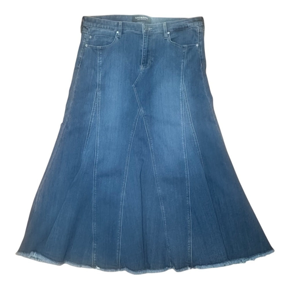 Liverpool Los Angeles Multi Panel Fray Hem Denim Skirt in Darwin Sz: 14 - Picture 4 of 16